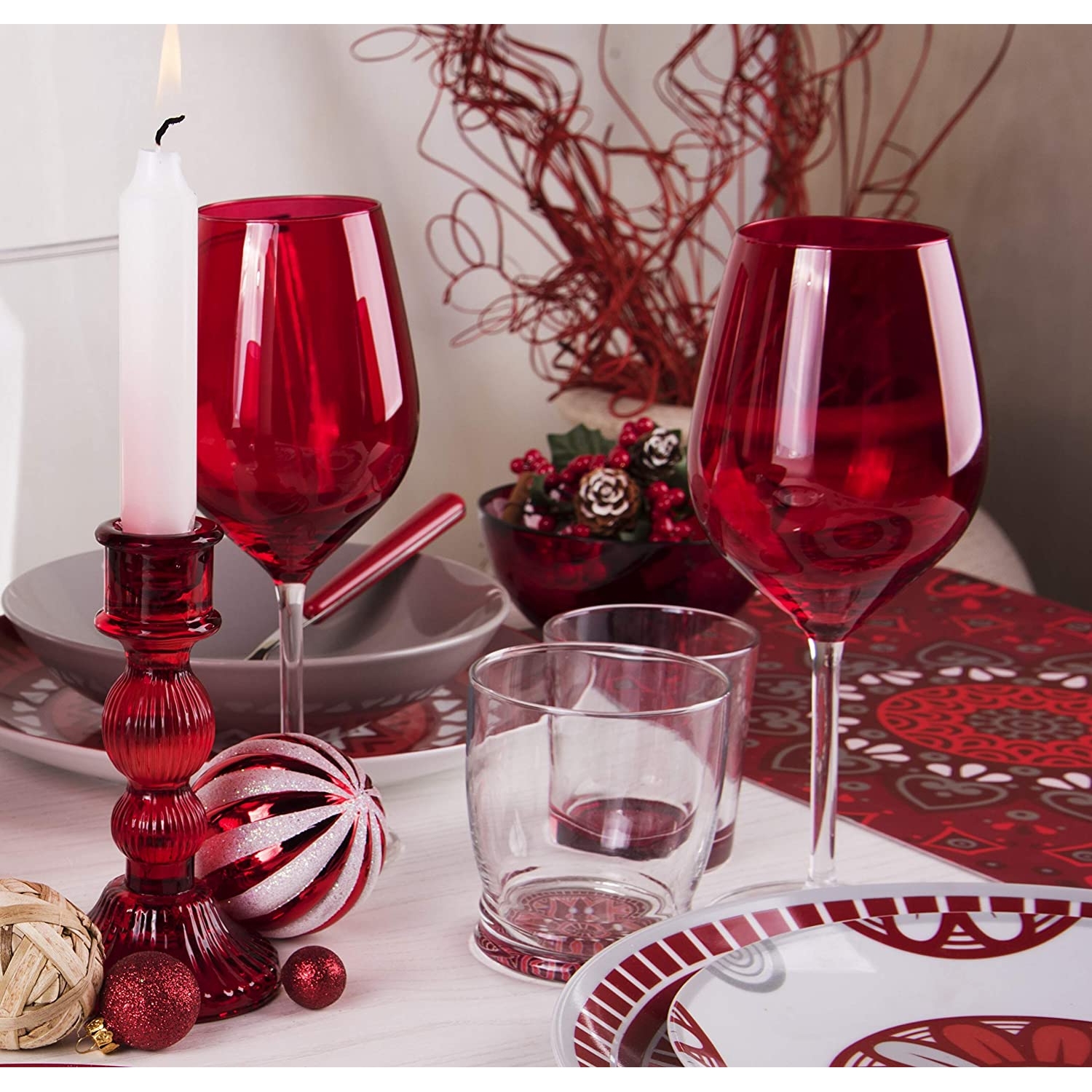 Excelsa set 6 bicchiere vetro Mandala rosso fondo decorato cod.63391 Excelsa